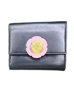 Salvatore Ferragamo Black Leather Wallet with Pink and Gold Flower Accent